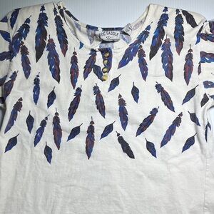 Women's Long Sleeve Feather Print Top - Cream and Blue
